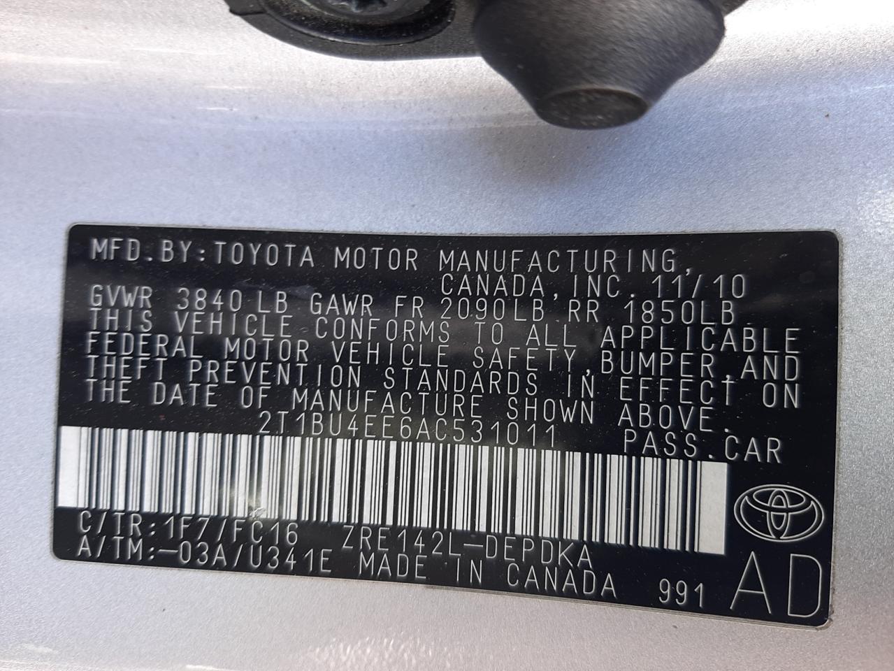 Photo 10 from auction – 2010 TOYOTA COROLLA BA with VIN 2T1BU4EE6AC531011