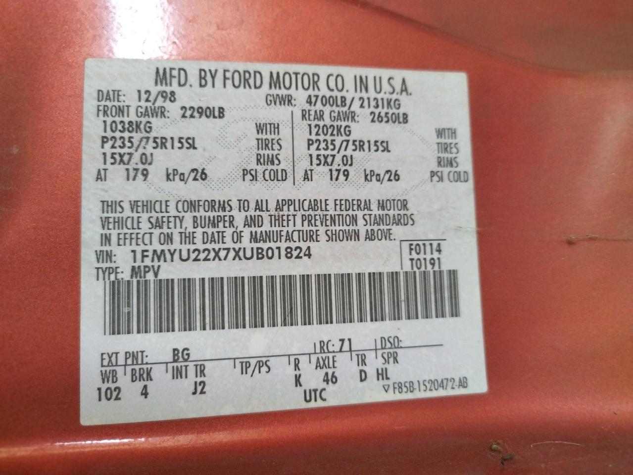 Photo 10 from auction – 1999 FORD EXPLORER with VIN 1FMYU22X7XUB01824