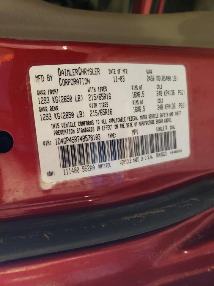 Photo 10 from auction – 2004 DODGE CARAVAN SX with VIN 1D4GP45R74B578103