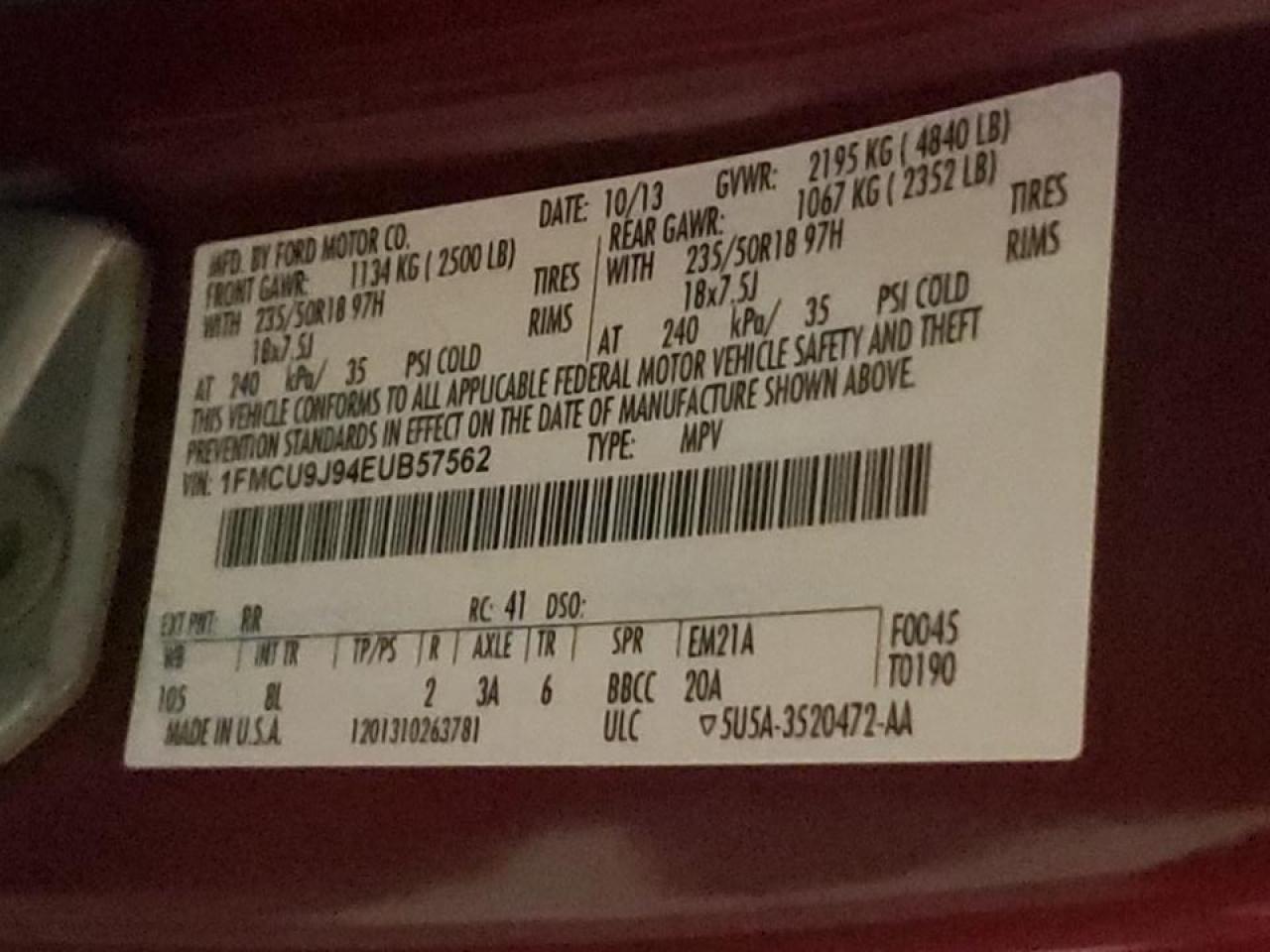 Photo 10 from auction – 2014 FORD ESCAPE TIT with VIN 1FMCU9J94EUB57562