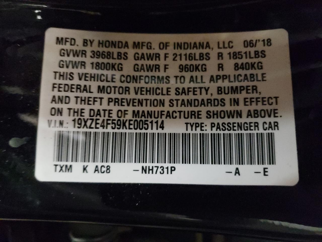 Photo 10 from auction – 2019 HONDA INSIGHT EX with VIN 19XZE4F59KE005114