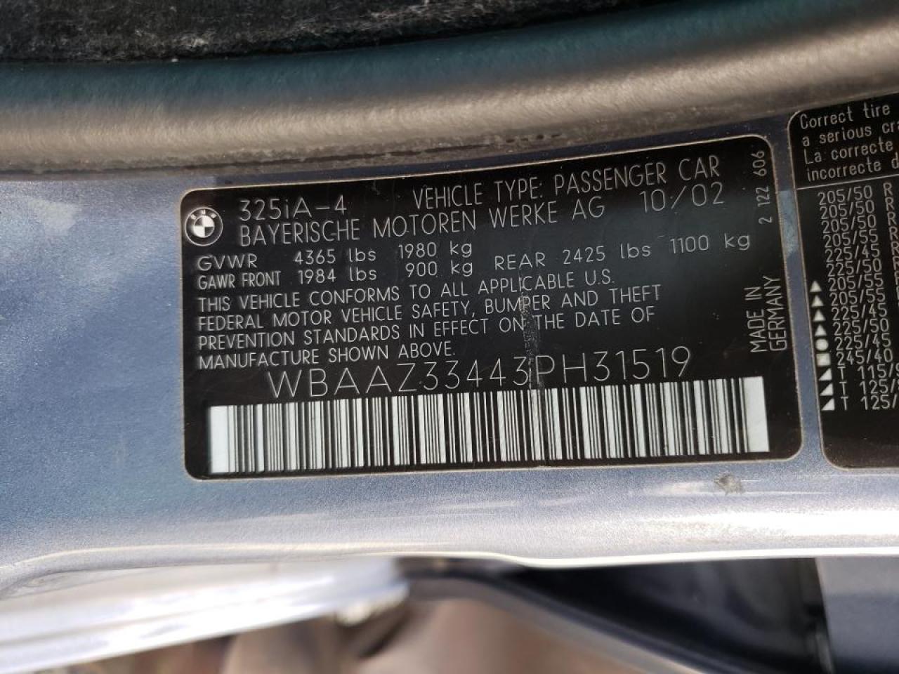 Photo 10 from auction – 2003 BMW 325 I with VIN WBAAZ33443PH31519
