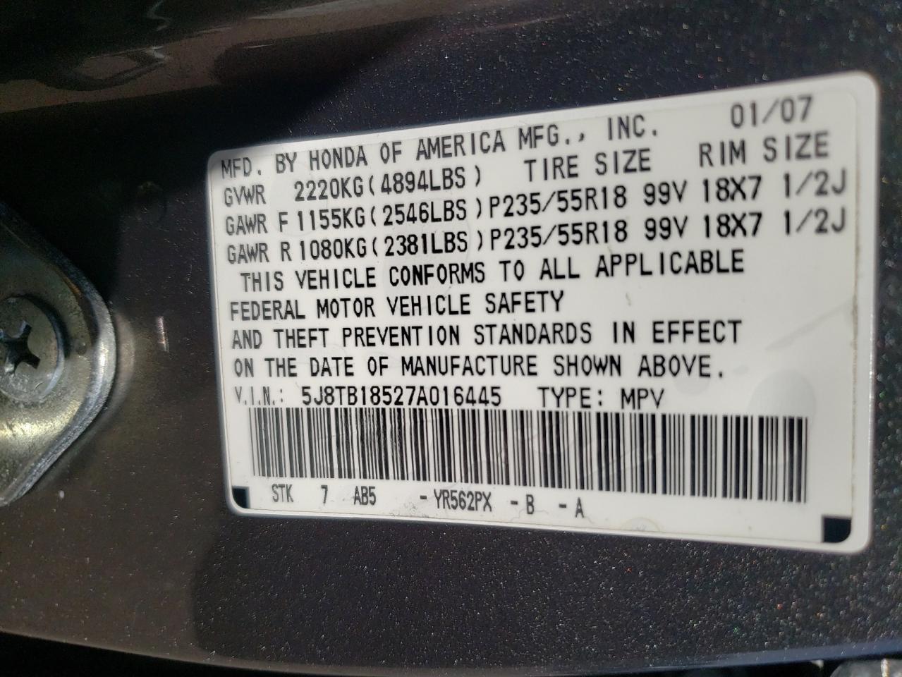 Photo 10 from auction – 2007 ACURA RDX TECHNO with VIN 5J8TB18527A016445