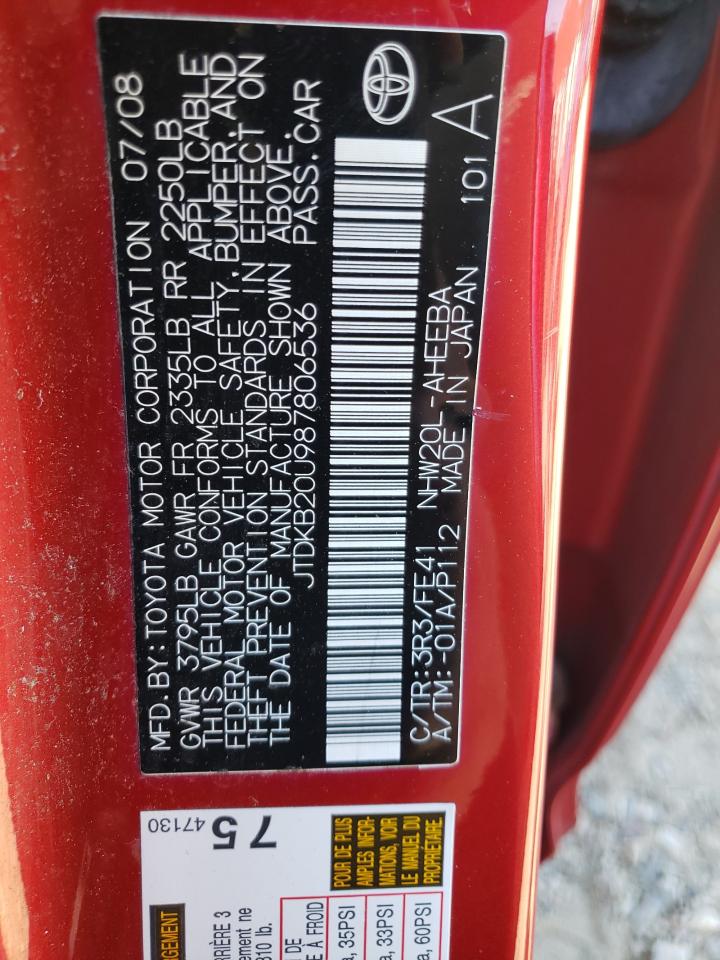 Photo 10 from auction – 2008 TOYOTA PRIUS with VIN JTDKB20U987806536