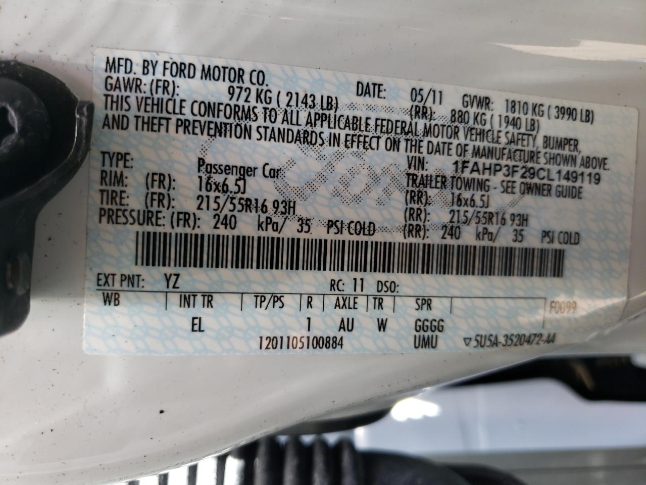 Photo 10 from auction – 2012 FORD FOCUS SE with VIN 1FAHP3F29CL149119