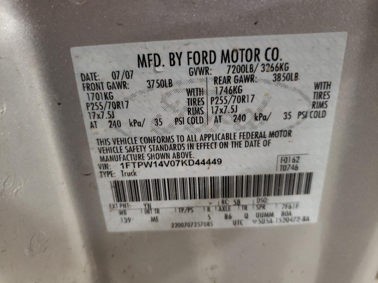 Photo 10 from auction – 2007 FORD 150 with VIN 1FTPW14V07KD44449