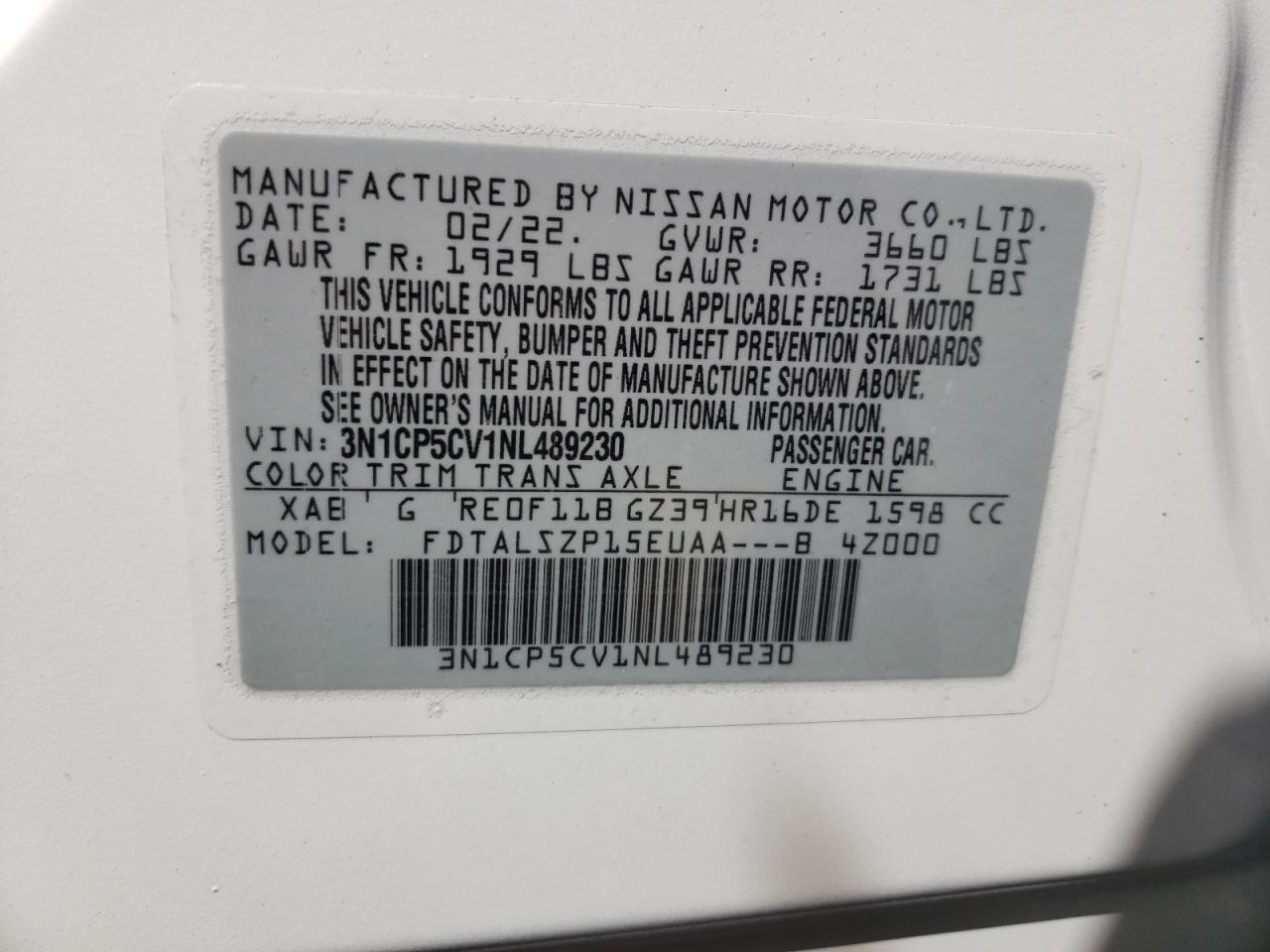 Photo 20 from auction – 2022 NISSAN KICKS with VIN 3N1CP5CV1NL489230