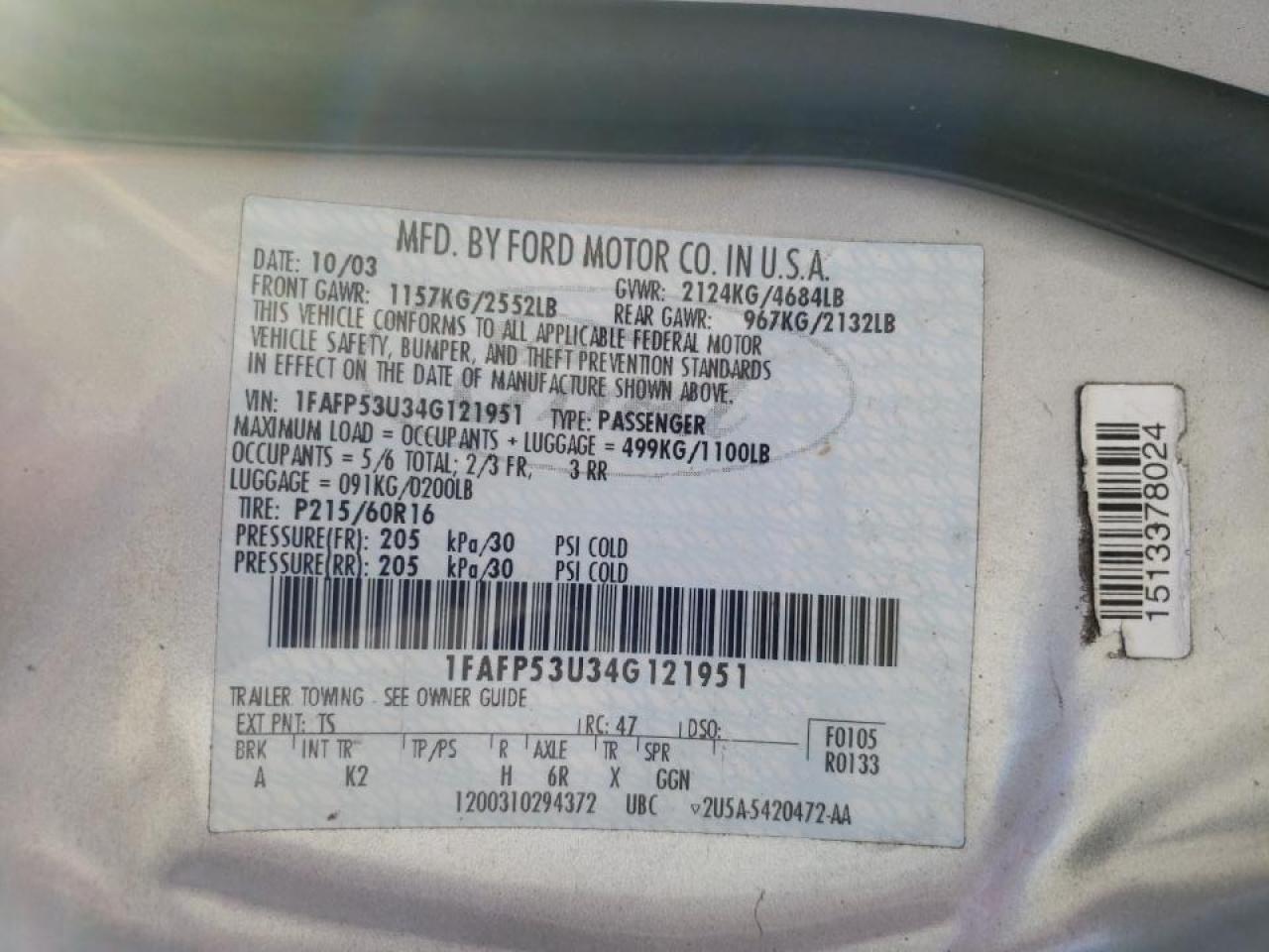 Photo 10 from auction – 2004 FORD TAURUS SE with VIN 1FAFP53U34G121951