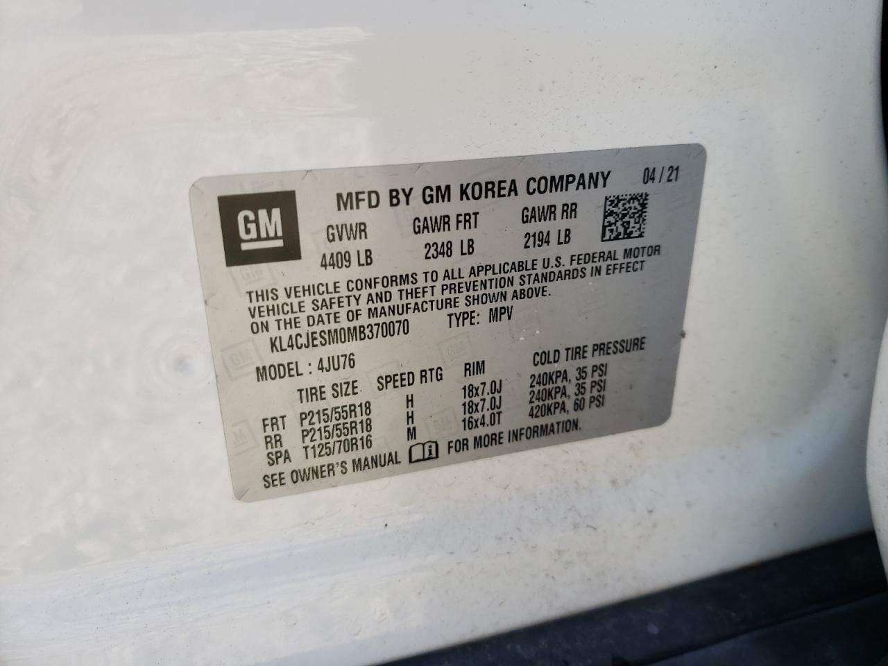 Photo 10 from auction – 2021 BUICK ENCORE PRE with VIN KL4CJESM0MB370070