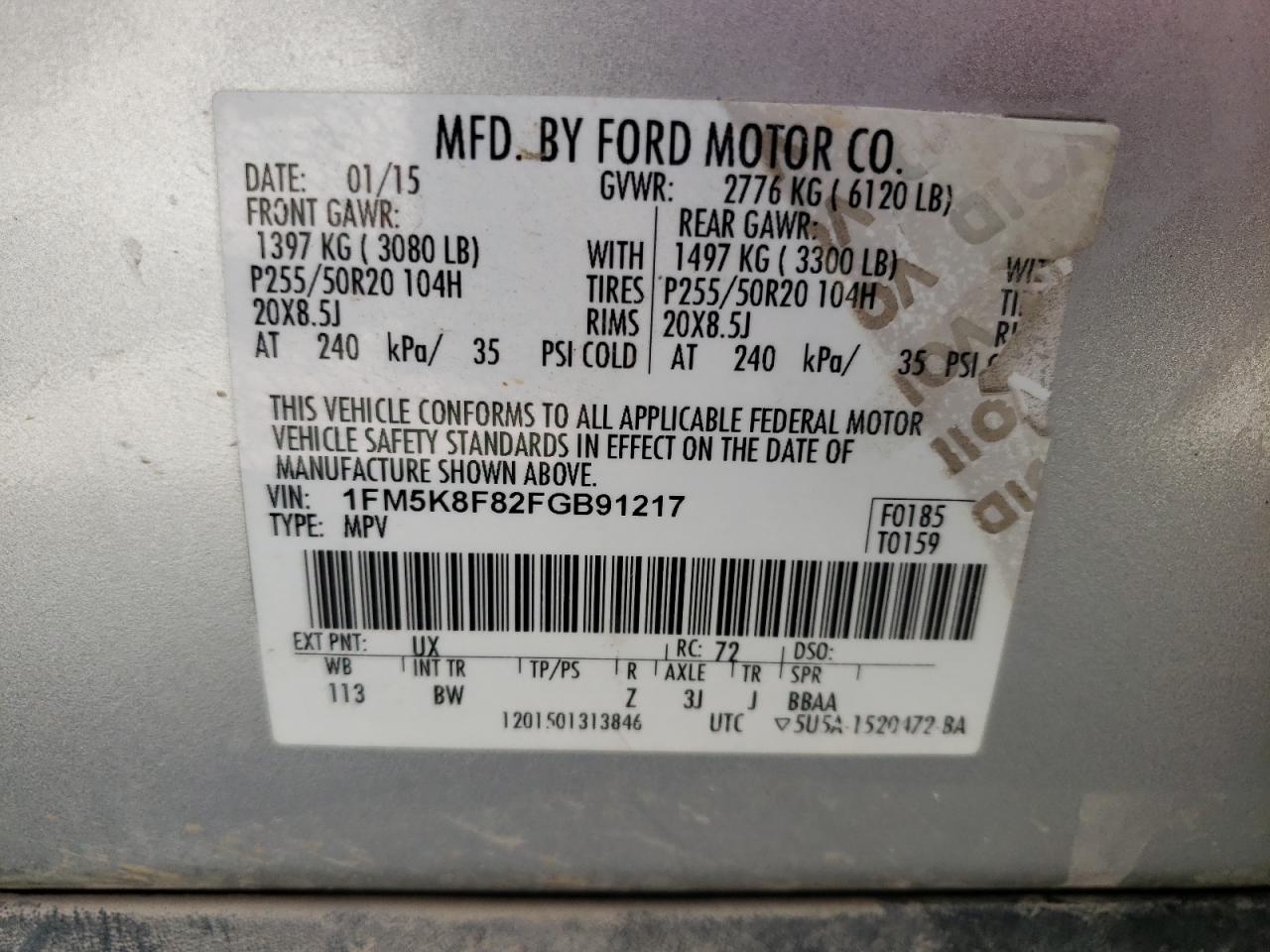 Photo 10 from auction – 2015 FORD EXPLORER L with VIN 1FM5K8F82FGB91217