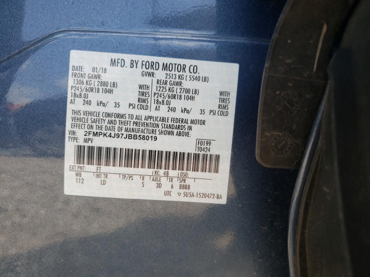 Photo 10 from auction – 2018 FORD EDGE SEL with VIN 2FMPK4J97JBB58019