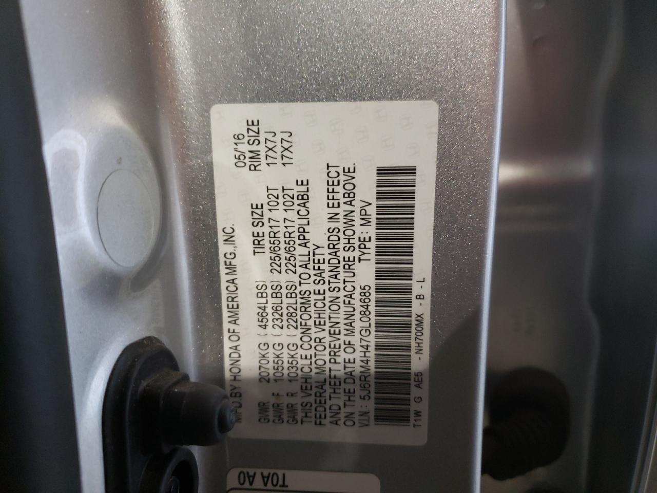 Photo 10 from auction – 2016 HONDA CR-V SE with VIN 5J6RM4H47GL084685