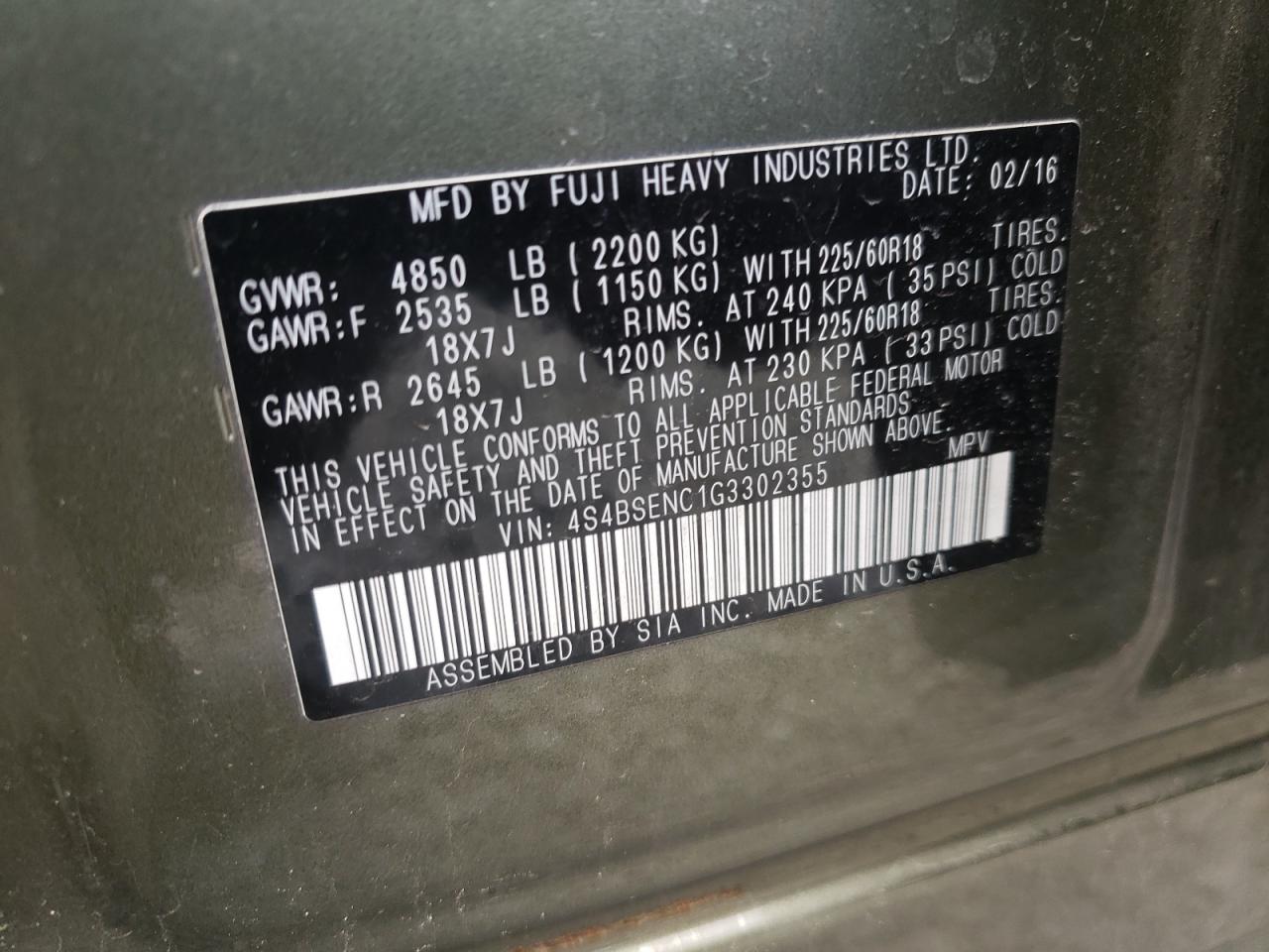 Photo 10 from auction – 2016 SUBARU OUTBACK 3. with VIN 4S4BSENC1G3302355