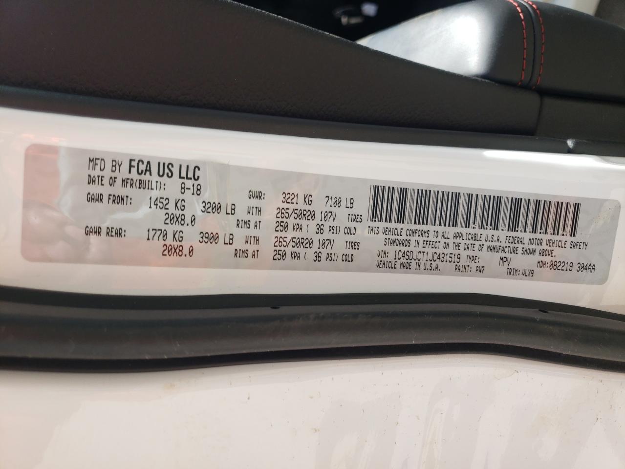 Photo 10 from auction – 2018 DODGE DURANGO R/ with VIN 1C4SDJCT1JC431519