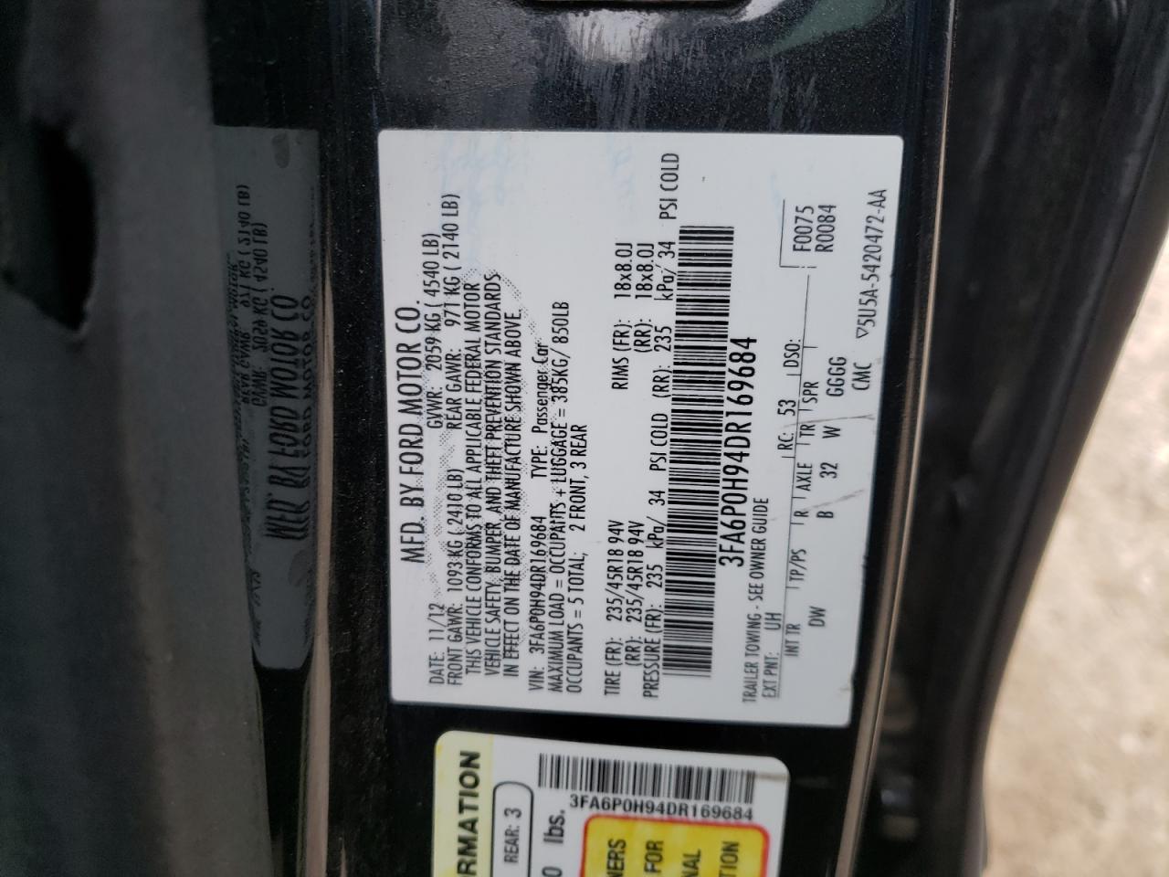 Photo 10 from auction – 2013 FORD FUSION SE with VIN 3FA6P0H94DR169684