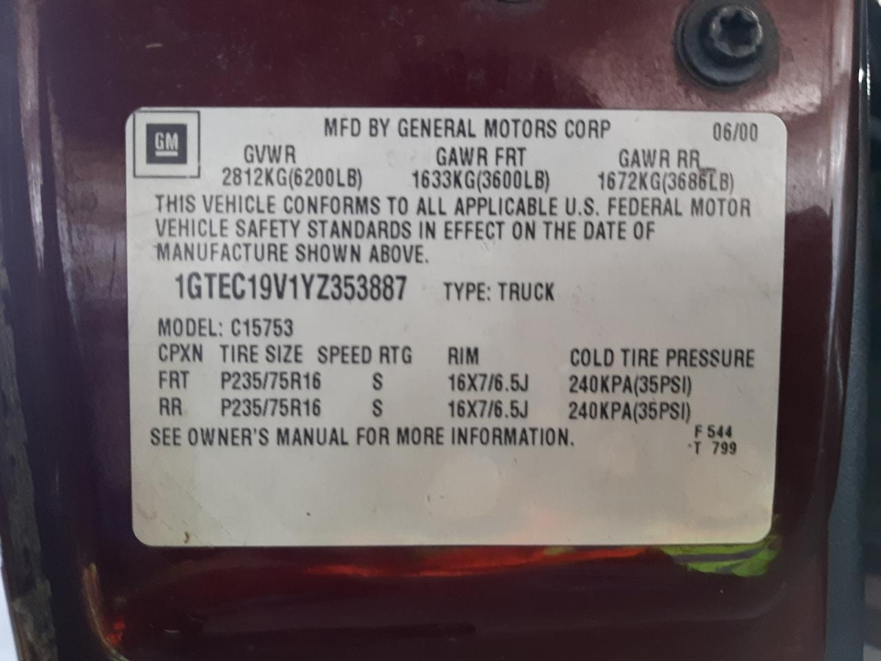 Photo 10 from auction – 2000 GMC NEW SIERRA with VIN 1GTEC19V1YZ353887