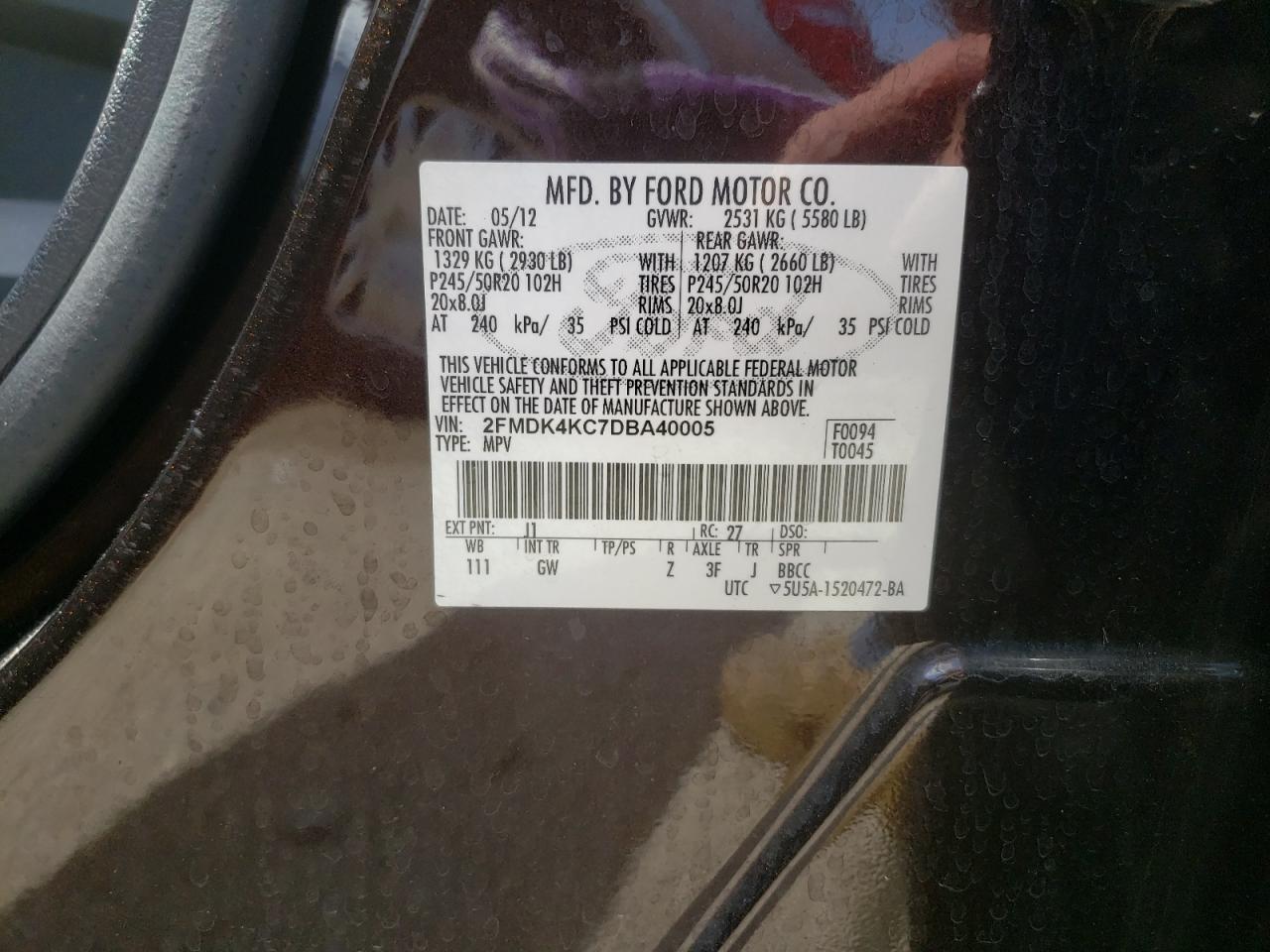Photo 10 from auction – 2013 FORD EDGE LIMIT with VIN 2FMDK4KC7DBA40005