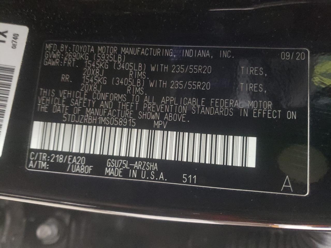 Photo 10 from auction – 2021 TOYOTA HIGHLANDER with VIN 5TDJZRBH1MS058915