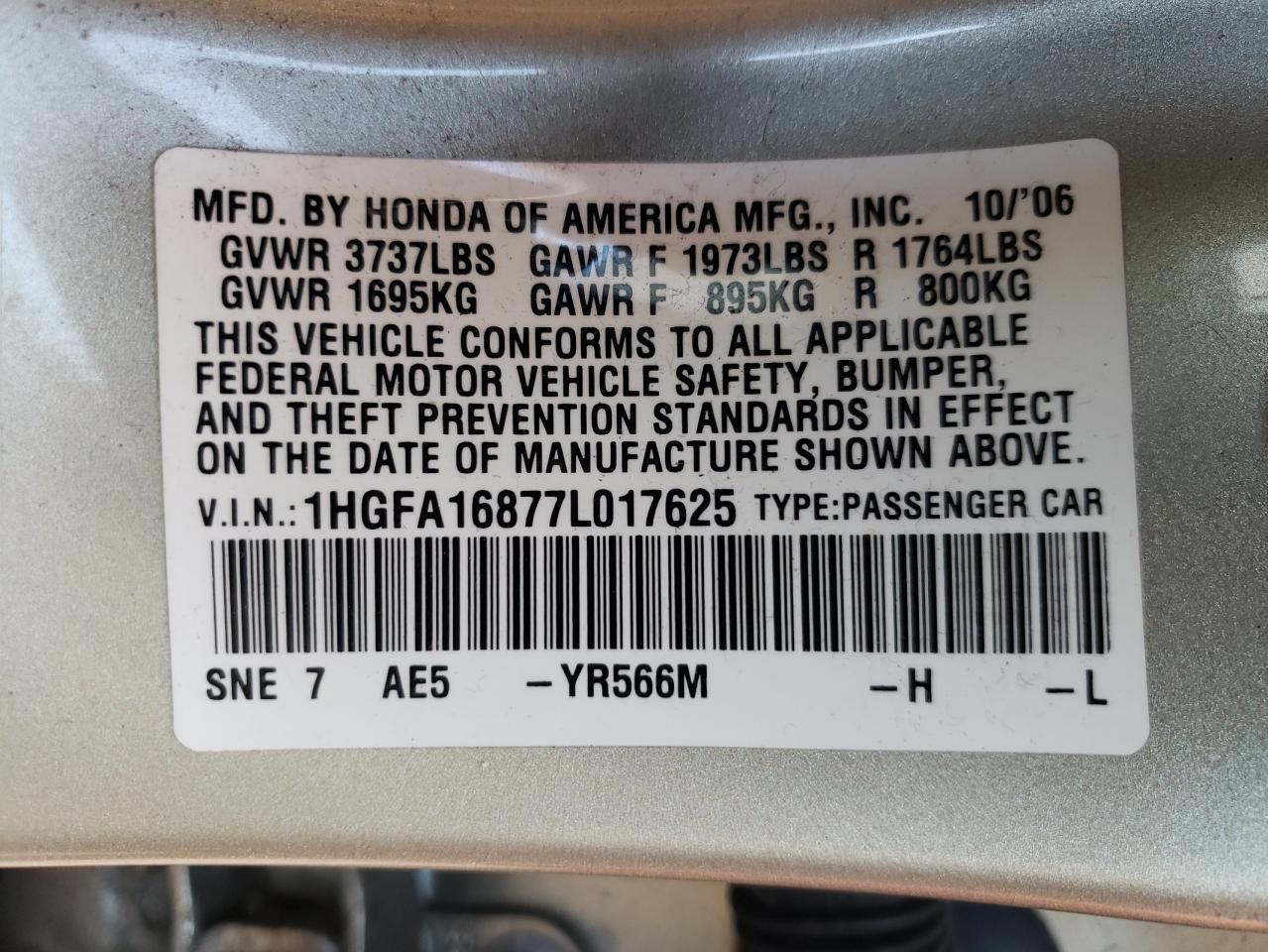 Photo 10 from auction – 2007 HONDA CIVIC EX with VIN 1HGFA16877L017625