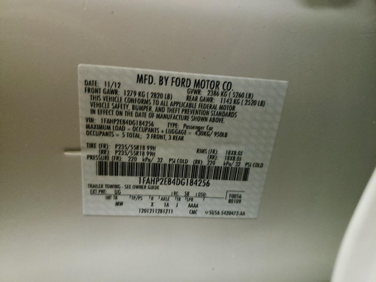 Photo 10 from auction – 2013 FORD TAURUS SEL with VIN 1FAHP2E84DG184256