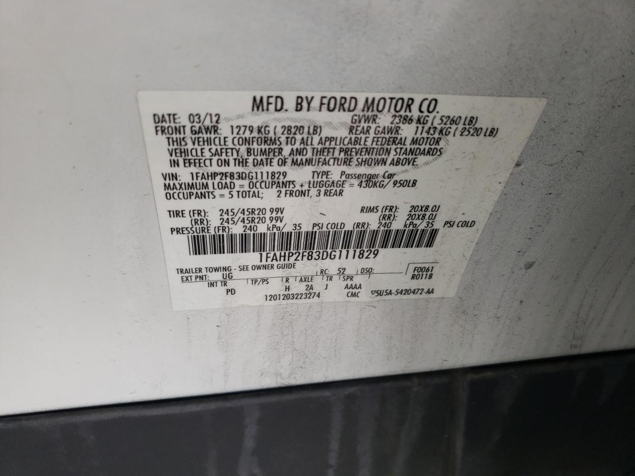 Photo 10 from auction – 2013 FORD TAURUS LIM with VIN 1FAHP2F83DG111829