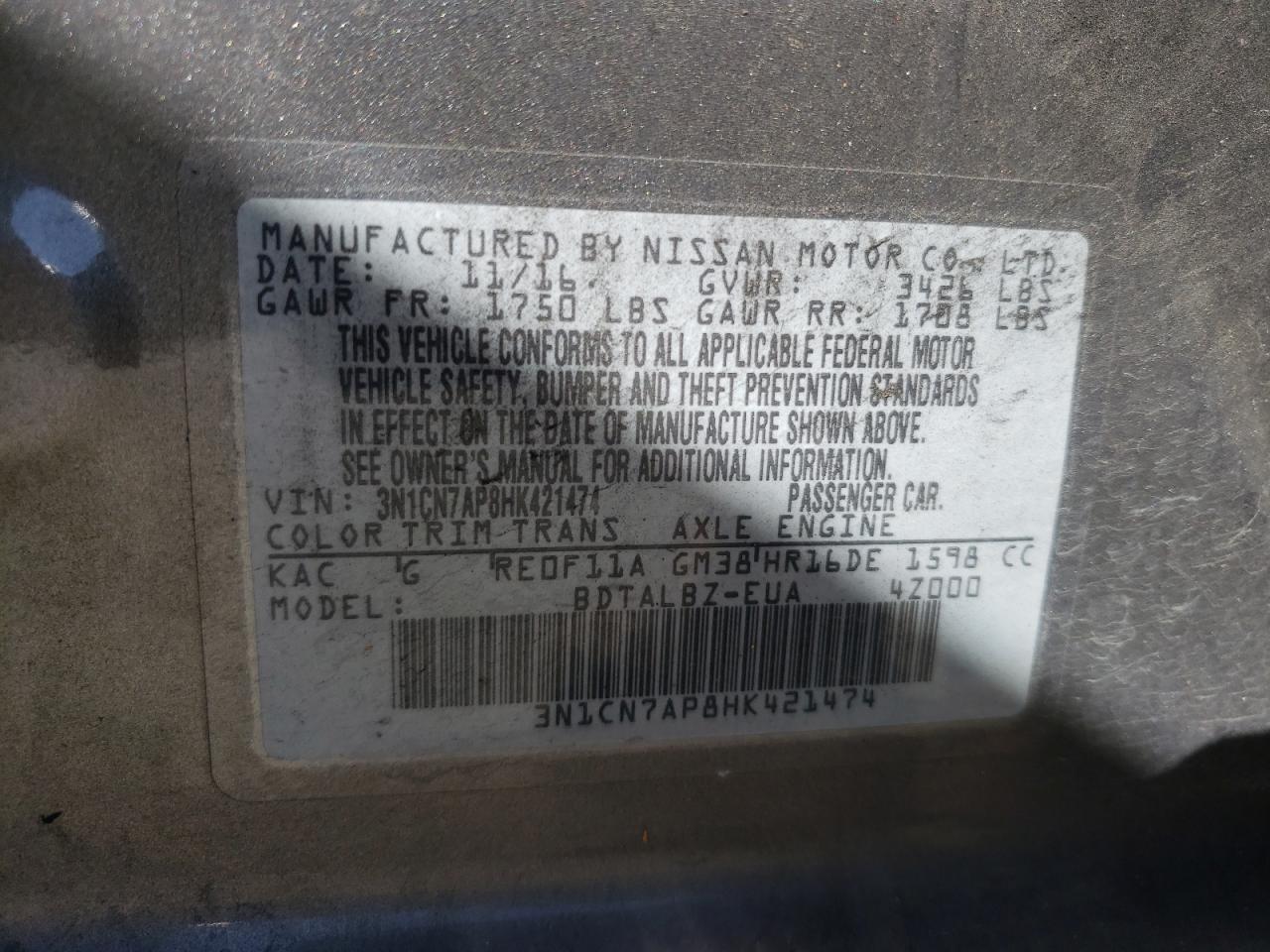 Photo 10 from auction – 2017 NISSAN VERSA S with VIN 3N1CN7AP8HK421474