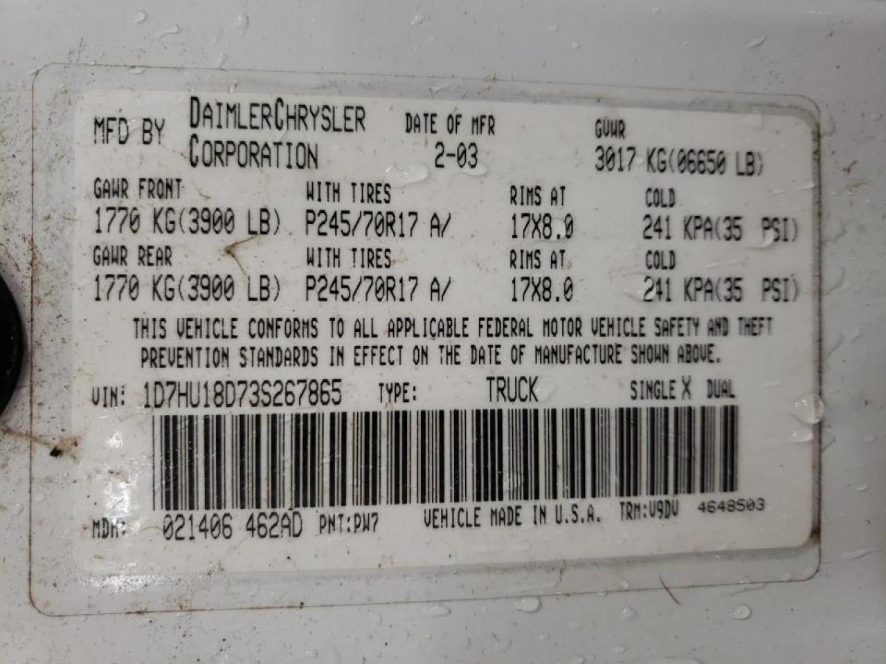 Photo 10 from auction – 2003 DODGE RAM 1500 S with VIN 1D7HU18D73S267865