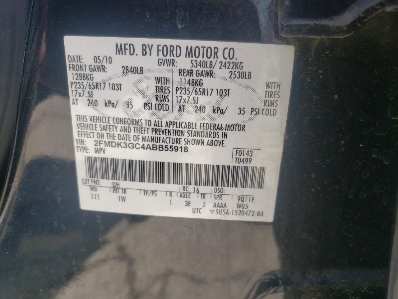 Photo 10 from auction – 2010 FORD EDGE SE with VIN 2FMDK3GC4ABB55918