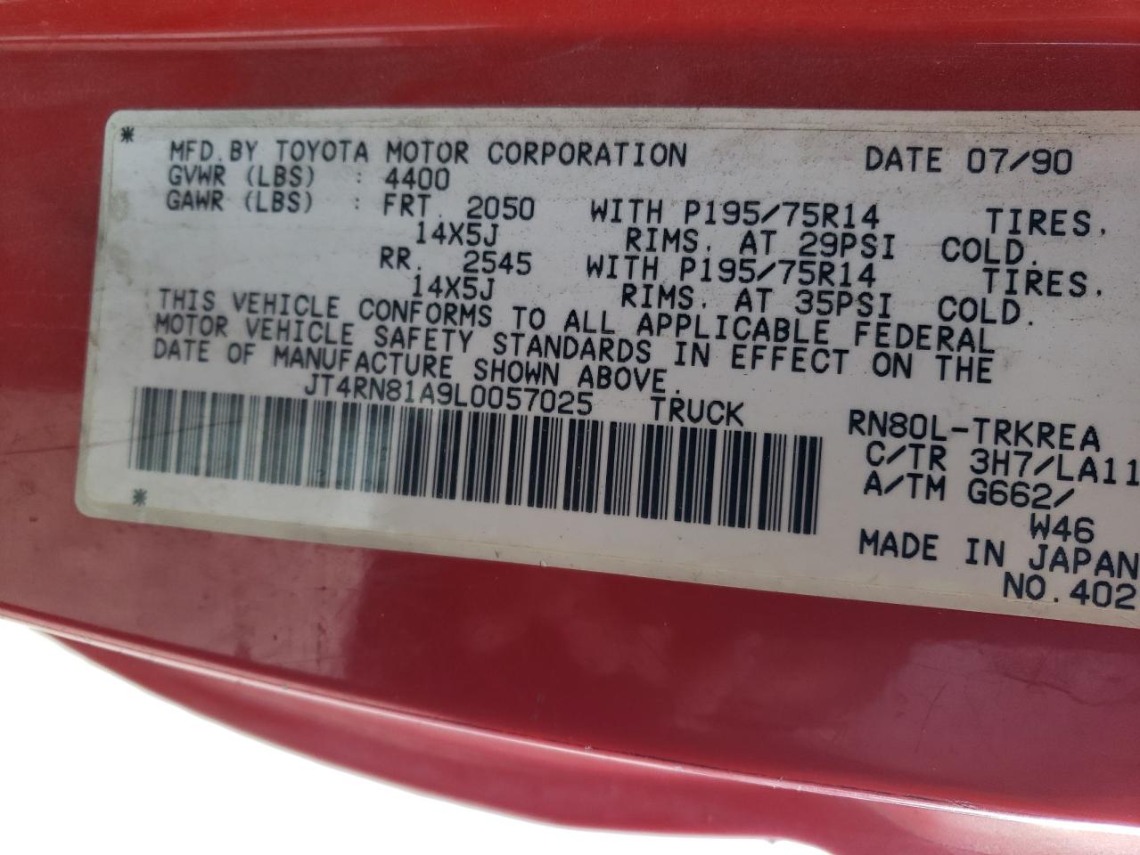 Photo 10 from auction – 1990 TOYOTA PICKUP 1/2 with VIN JT4RN81A9L0057025