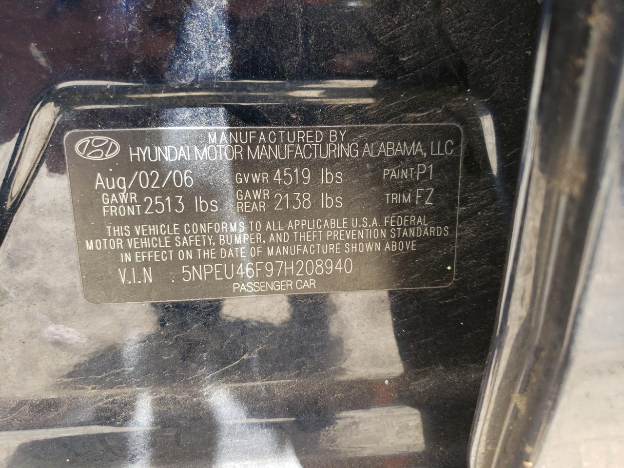 Photo 10 from auction – 2007 HYUNDAI SONATA SE with VIN 5NPEU46F97H208940