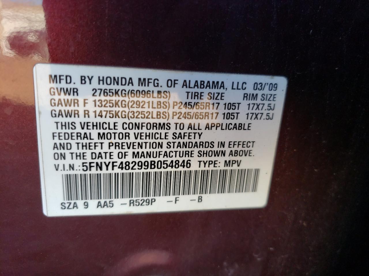 Photo 10 from auction – 2009 HONDA PILOT LX with VIN 5FNYF48299B054846