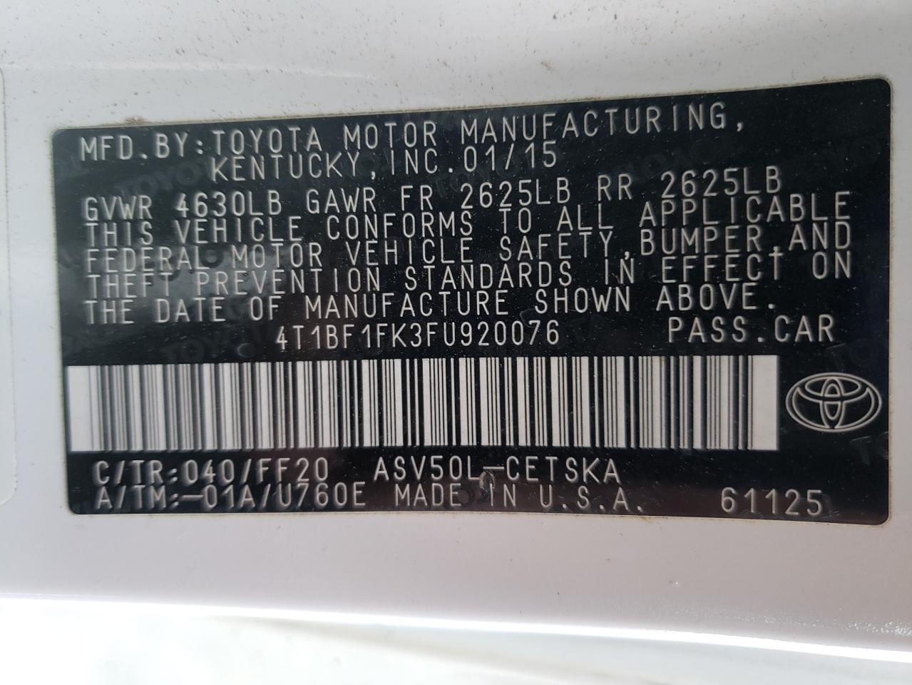Photo 10 from auction – 2015 TOYOTA CAMRY LE with VIN 4T1BF1FK3FU920076