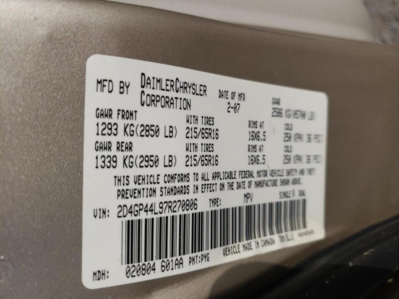 Photo 10 from auction – 2007 DODGE GRAND CARA with VIN 2D4GP44L97R270806