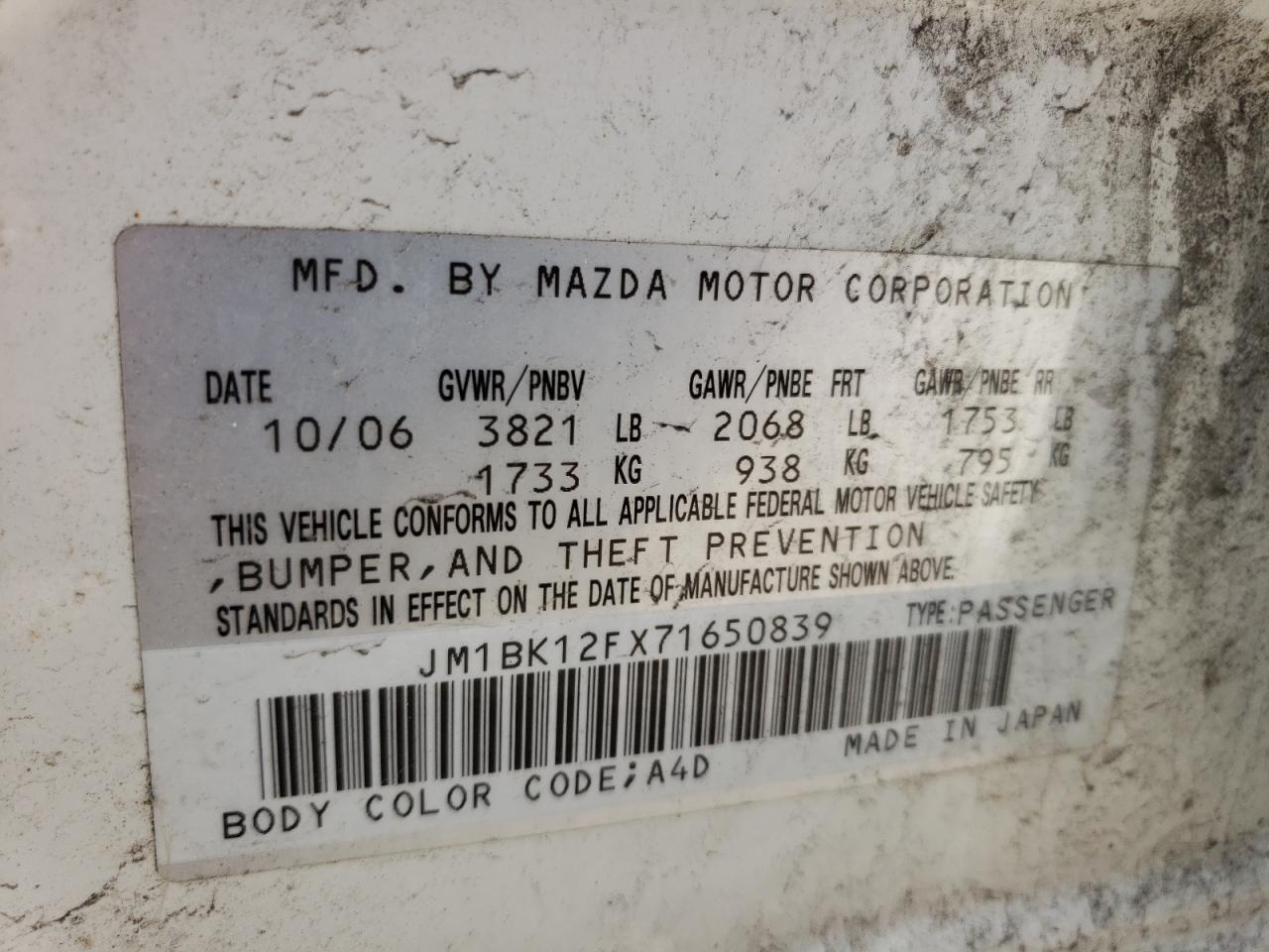 Photo 10 from auction – 2007 MAZDA 3 I with VIN JM1BK12FX71650839