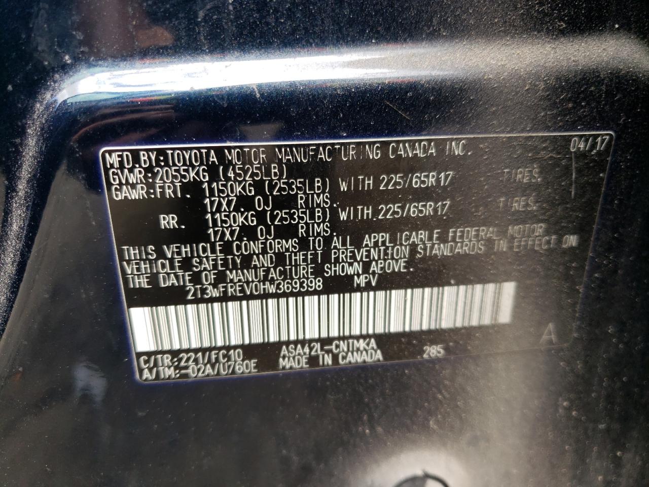 Photo 10 from auction – 2017 TOYOTA RAV4 XLE with VIN 2T3WFREV0HW369398