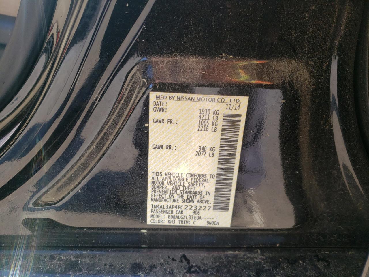 Photo 10 from auction – 2015 NISSAN ALTIMA 2.5 with VIN 1N4AL3AP4FC223227