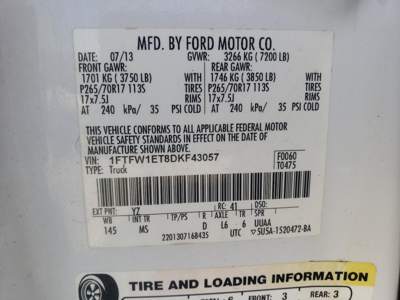Photo 10 from auction – 2013 FORD F150 SUPER with VIN 1FTFW1ET8DKF43057