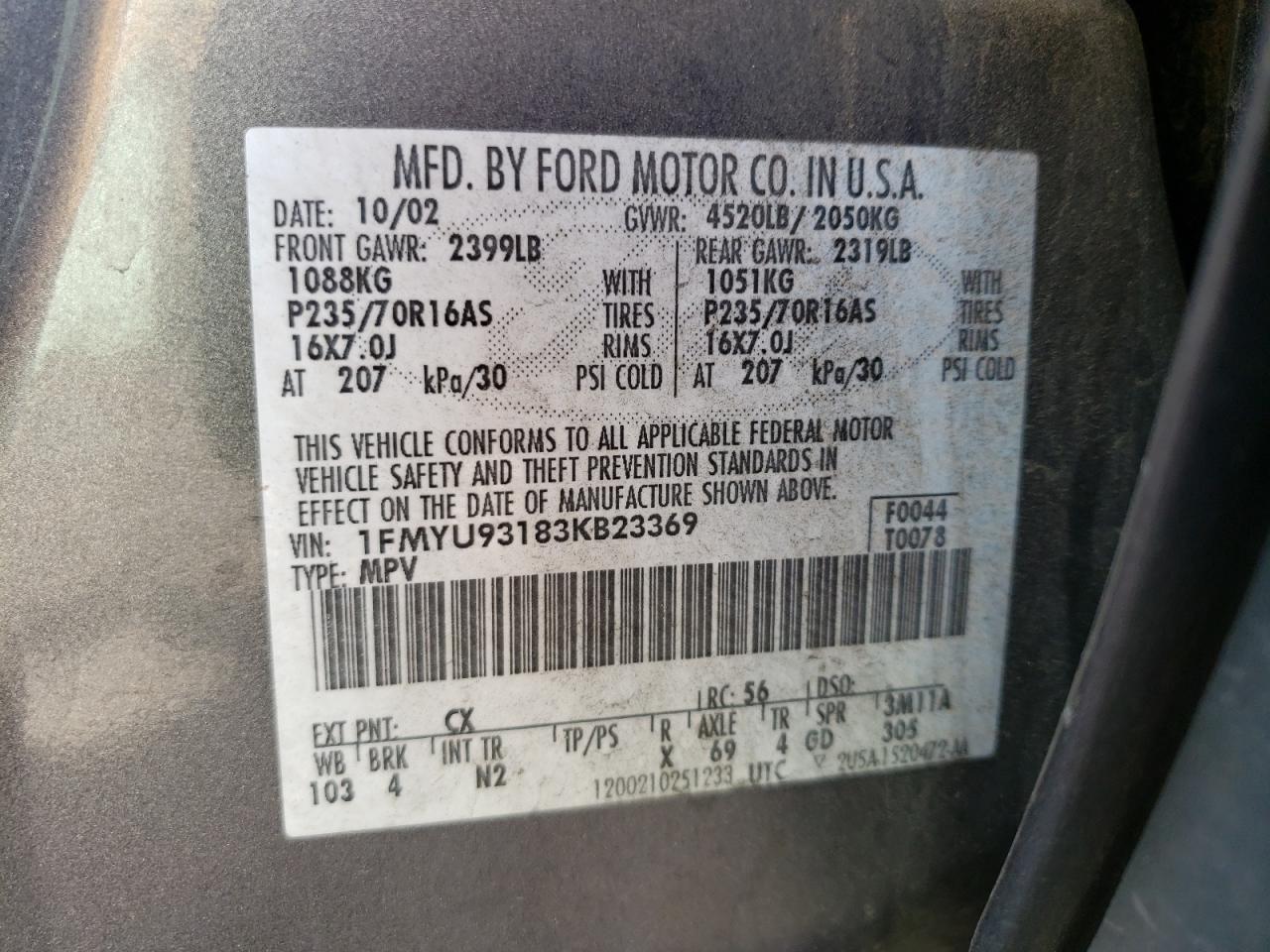 Photo 10 from auction – 2003 FORD ESCAPE XLT with VIN 1FMYU93183KB23369