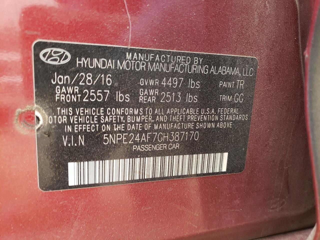 Photo 10 from auction – 2016 HYUNDAI SONATA SE with VIN 5NPE24AF7GH387170
