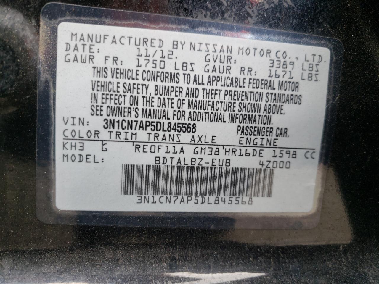 Photo 10 from auction – 2013 NISSAN VERSA S with VIN 3N1CN7AP5DL845568