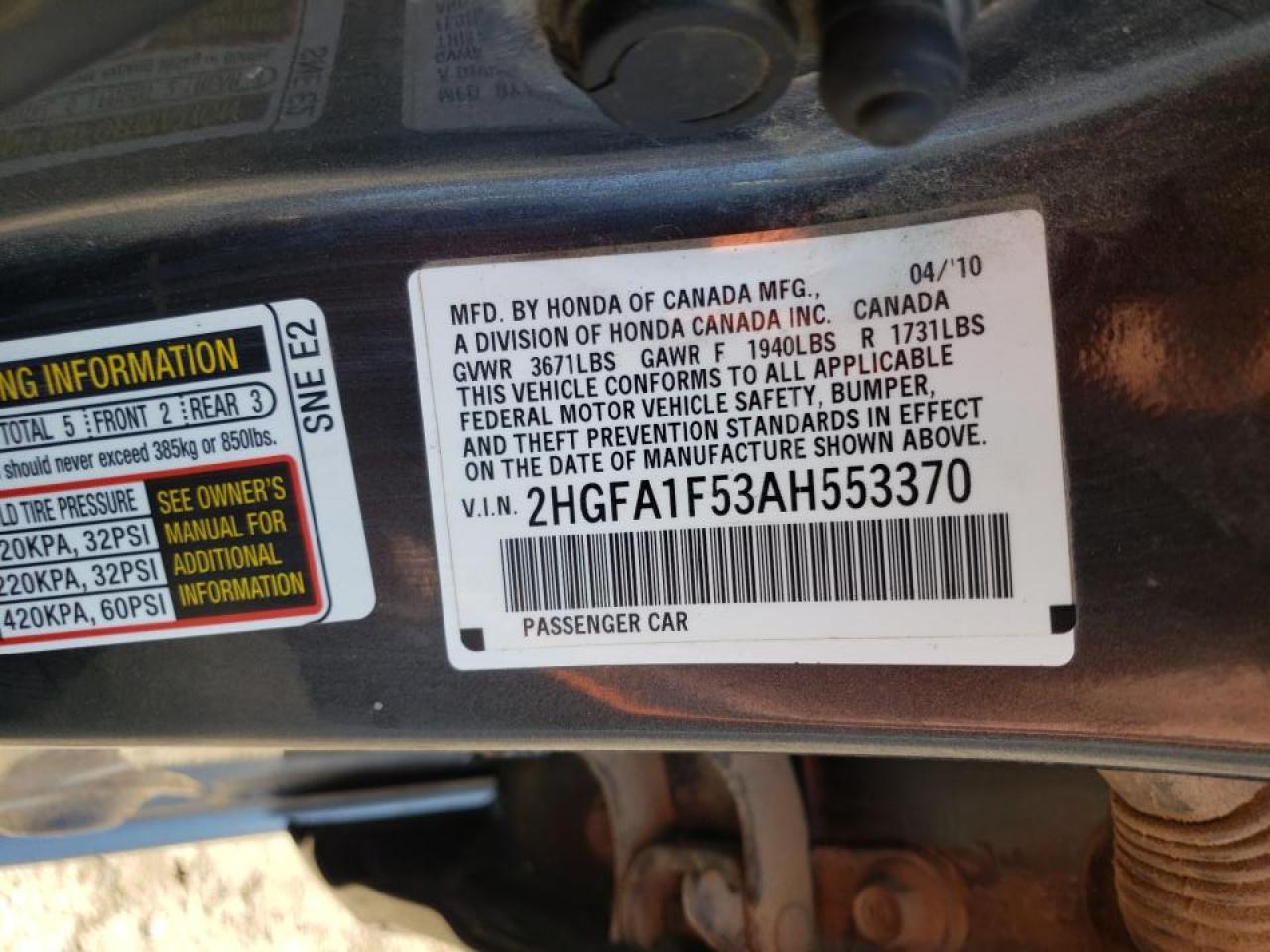 Photo 10 from auction – 2010 HONDA CIVIC LX with VIN 2HGFA1F53AH553370