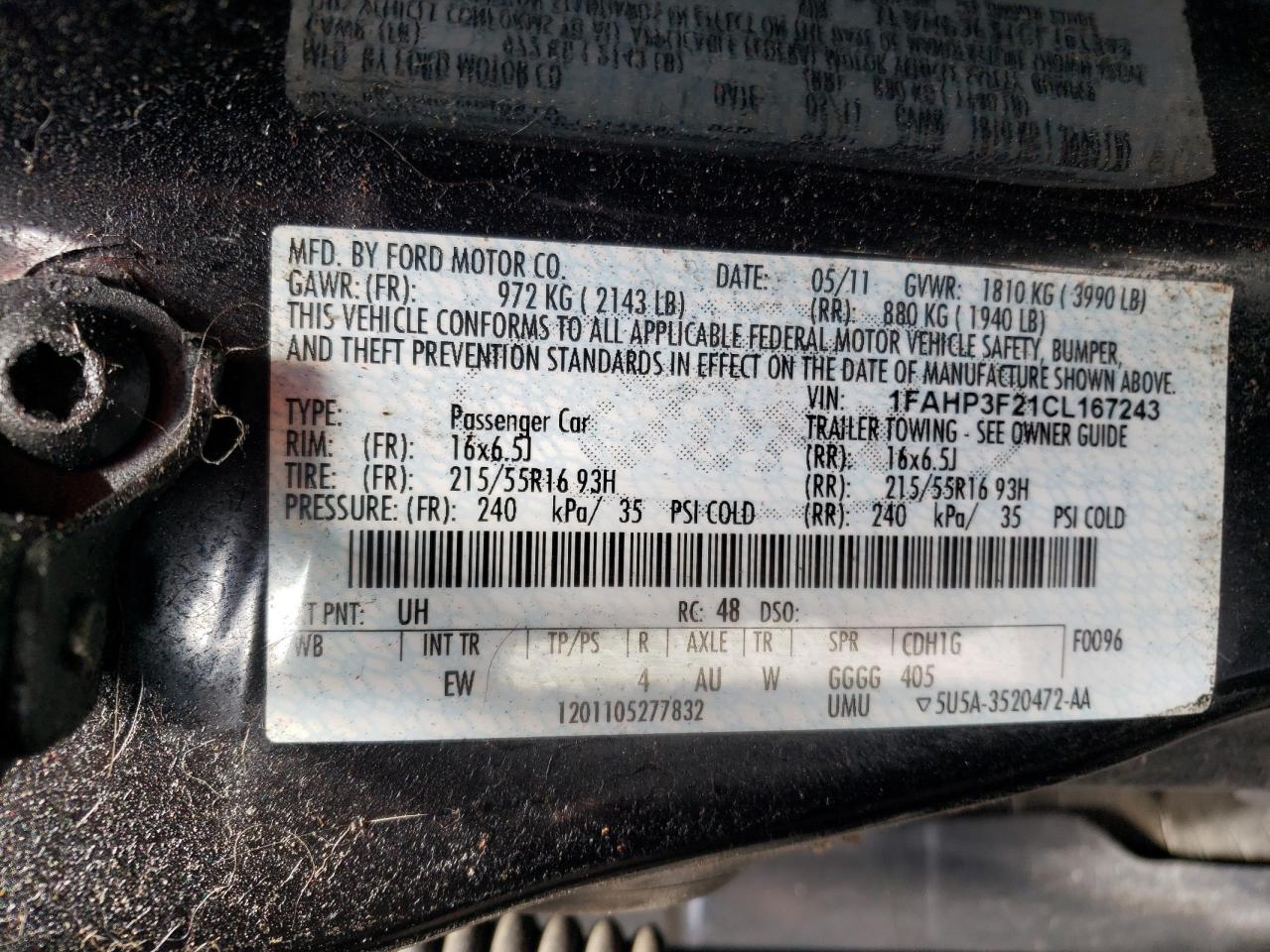 Photo 10 from auction – 2012 FORD FOCUS SE with VIN 1FAHP3F21CL167243