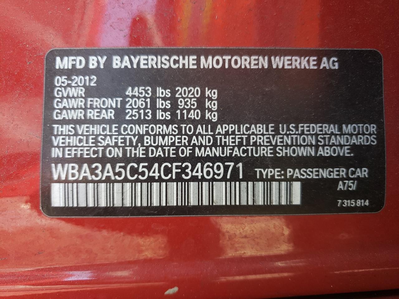 Photo 10 from auction – 2012 BMW 328 I with VIN WBA3A5C54CF346971