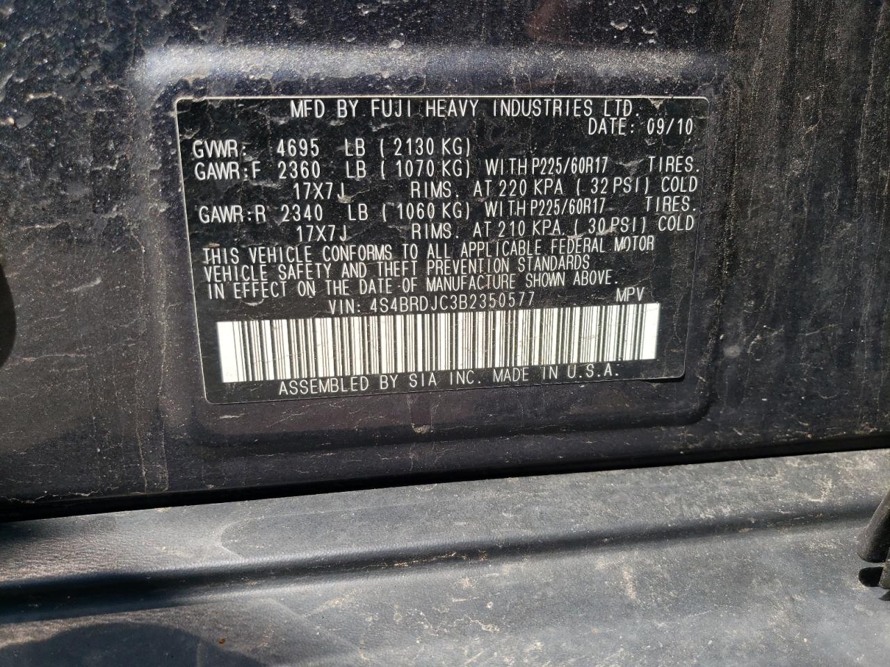 Photo 10 from auction – 2011 SUBARU OUTBACK 3. with VIN 4S4BRDJC3B2350577