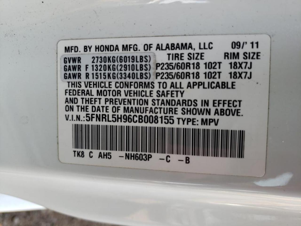 Photo 10 from auction – 2012 HONDA ODYSSEY TO with VIN 5FNRL5H96CB008155