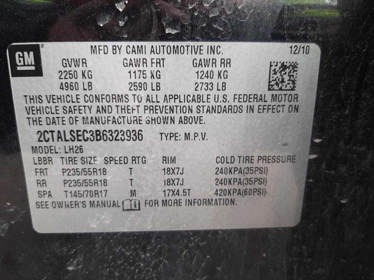Photo 10 from auction – 2011 GMC TERRAIN SL with VIN 2CTALSEC3B6323936
