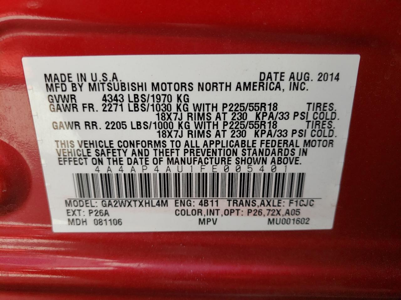 Photo 10 from auction – 2015 MITSUBISHI OUTLANDER with VIN 4A4AP4AU1FE005401