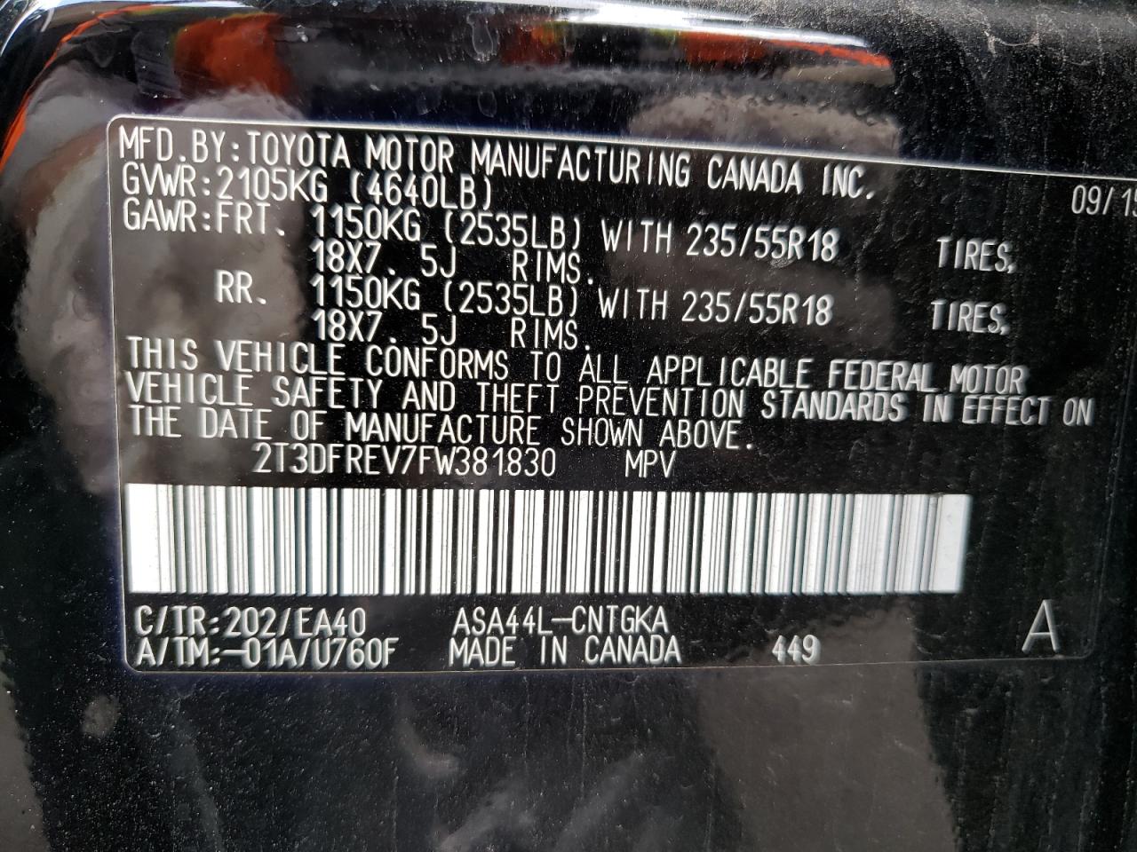 Photo 10 from auction – 2015 TOYOTA RAV4 LIMIT with VIN 2T3DFREV7FW381830