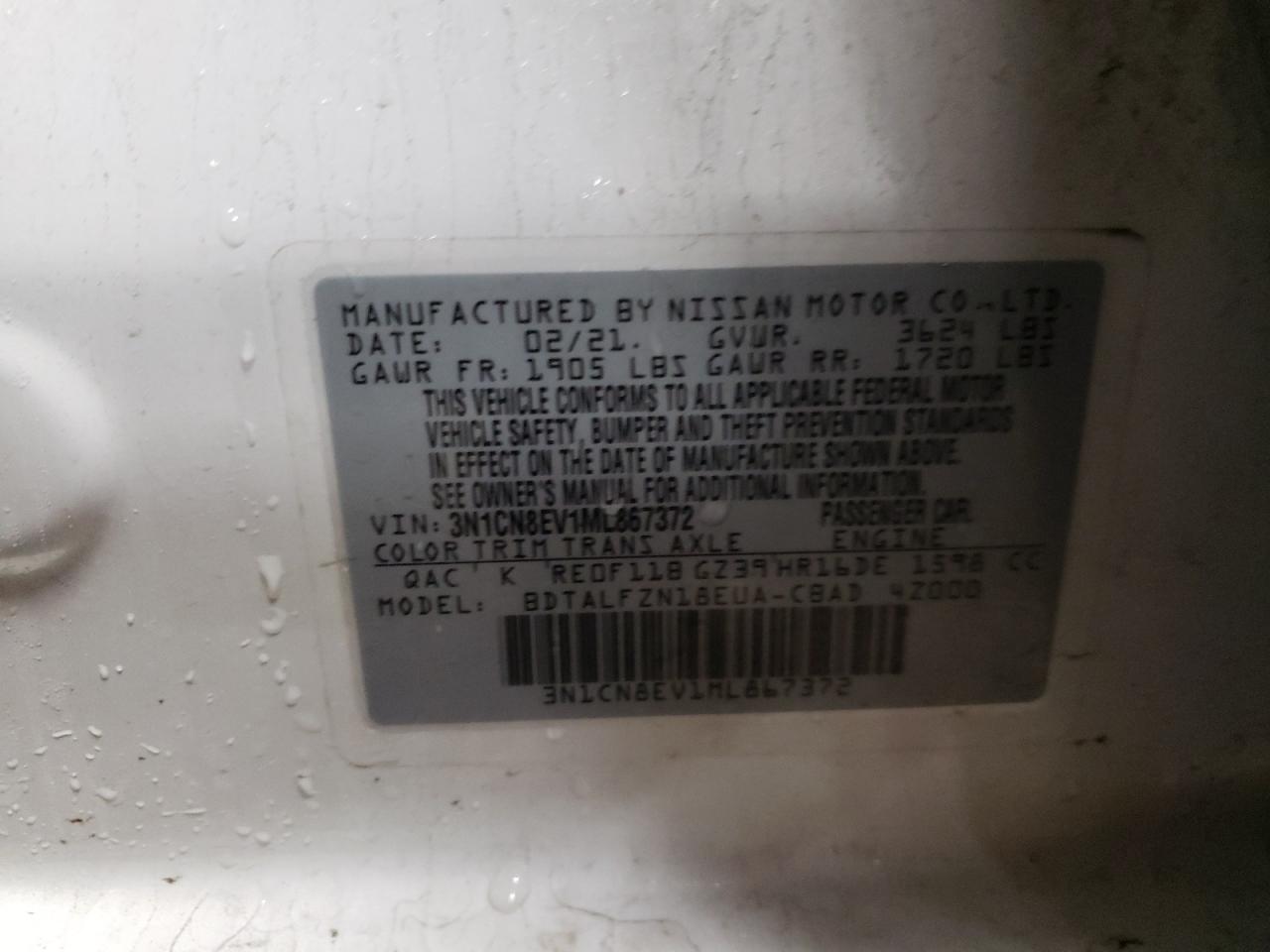 Photo 10 from auction – 2021 NISSAN VERSA SV with VIN 3N1CN8EV1ML867372