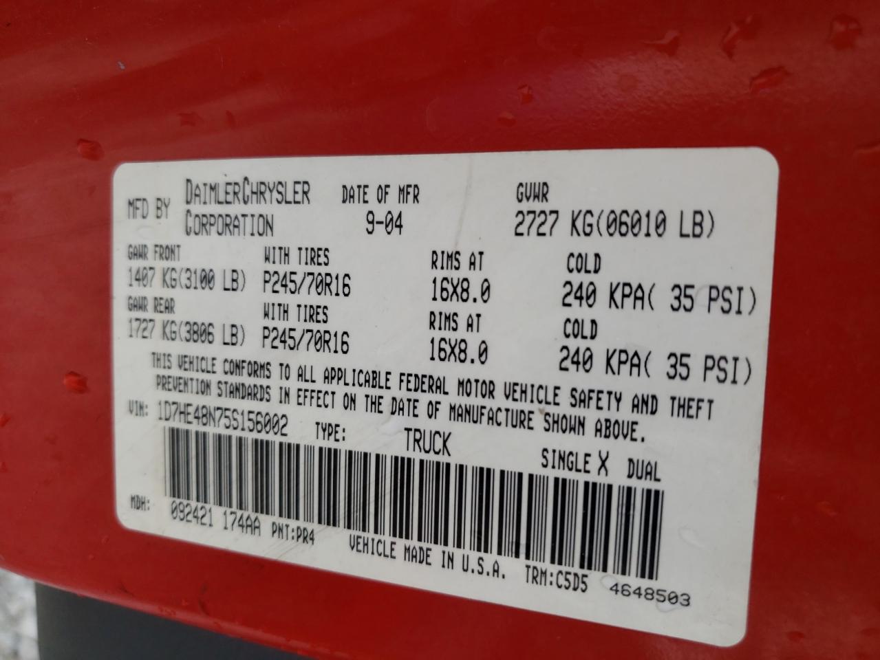 Photo 10 from auction – 2005 DODGE DAKOTA QUA with VIN 1D7HE48N75S156002